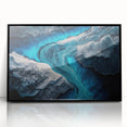 Large abstract wall art depicting a serene Icelandic landscape in muted blue and gray tones, framed in black acrylic.
