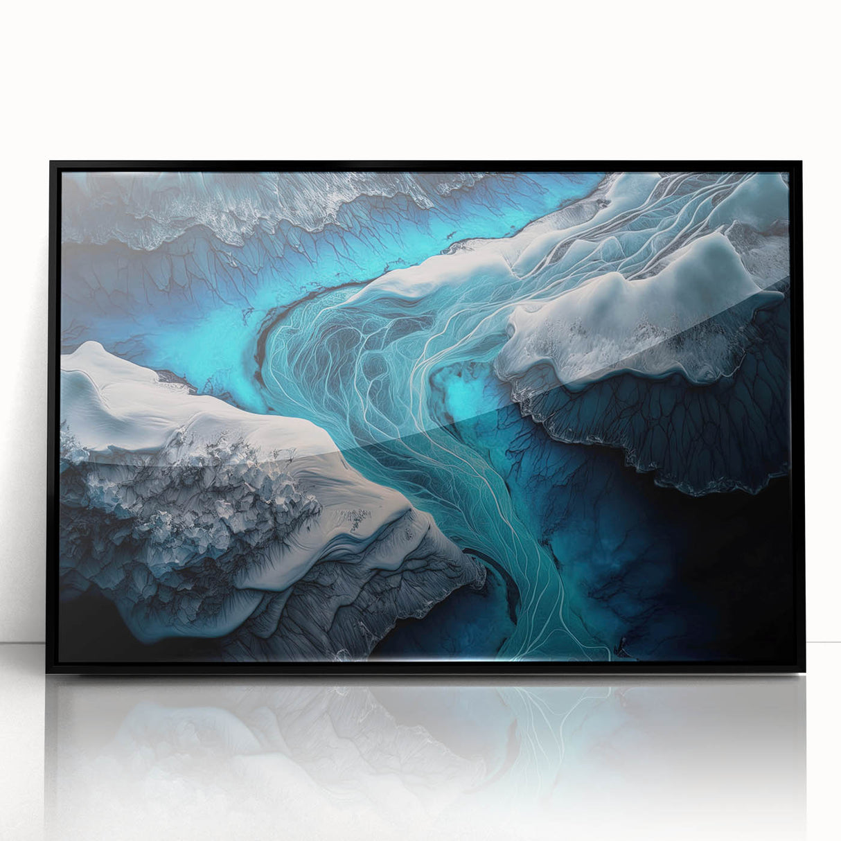 Large abstract wall art depicting a serene Icelandic landscape in muted blue and gray tones, framed in black acrylic.