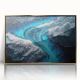 Acrylic print of a serene Icelandic landscape in muted blue and gray tones, framed in gold.