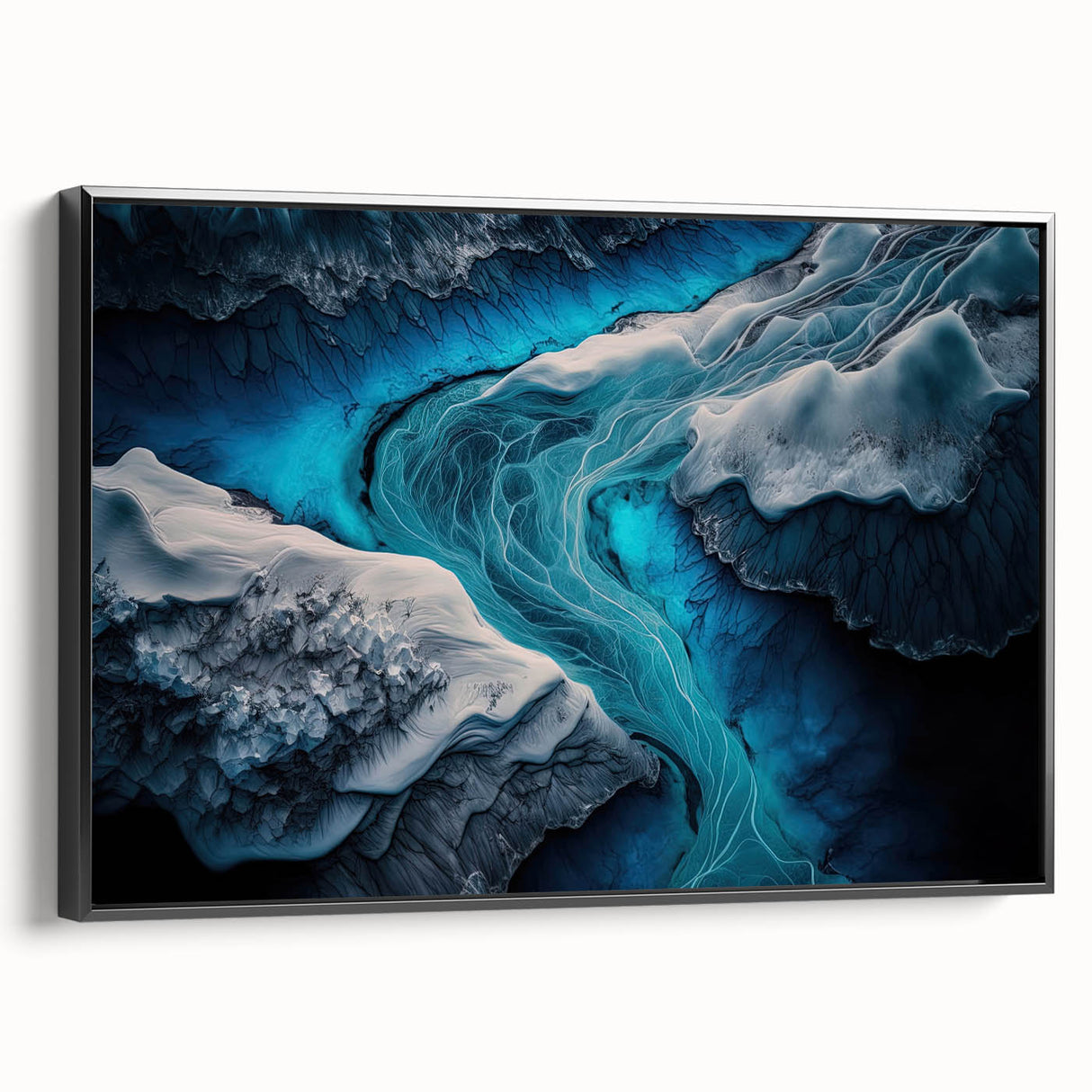 Black and white framed canvas depicting a serene Icelandic landscape, ideal for bedroom wall decor.