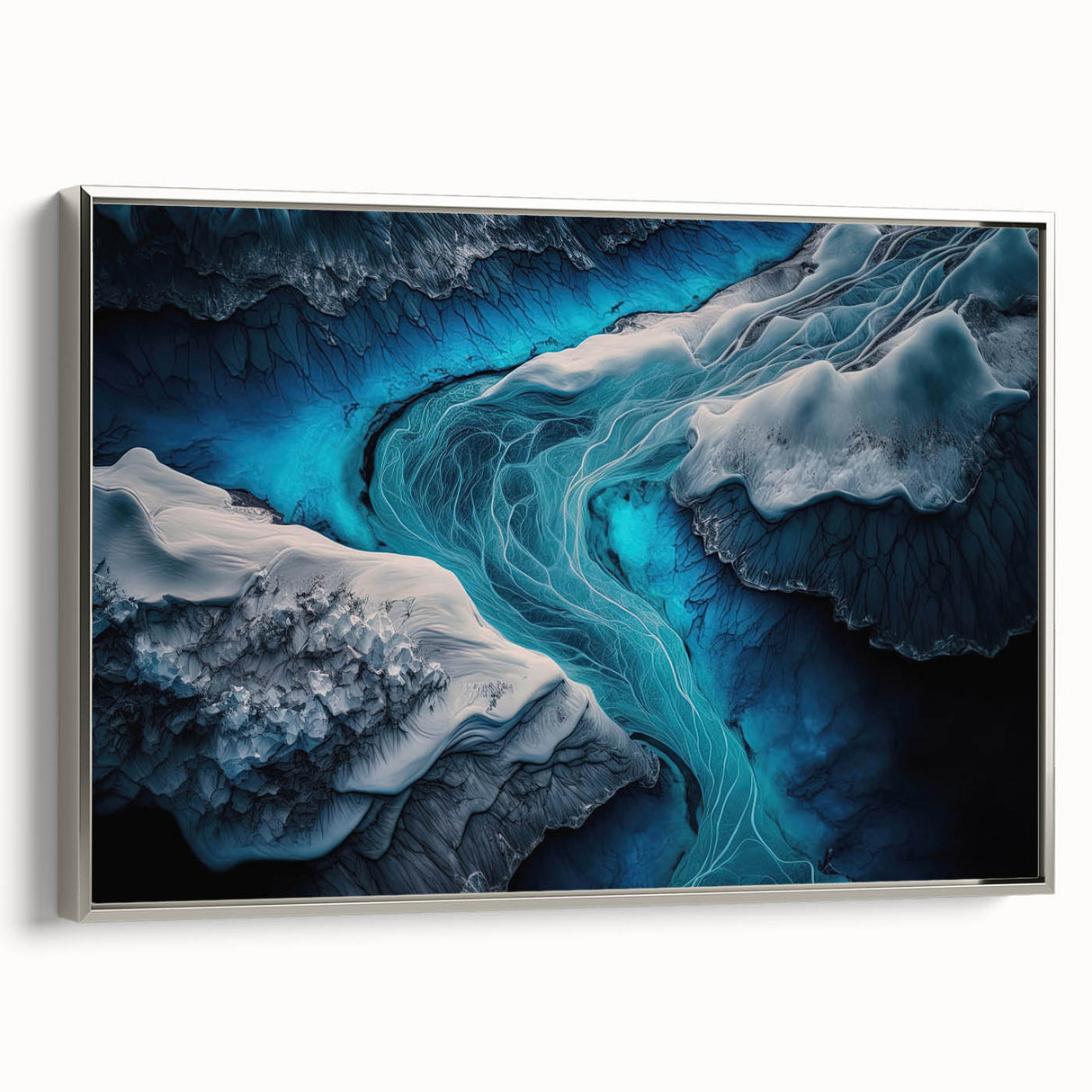 Landscape art painting of a serene Icelandic scenery on framed canvas, featuring muted earth tones.