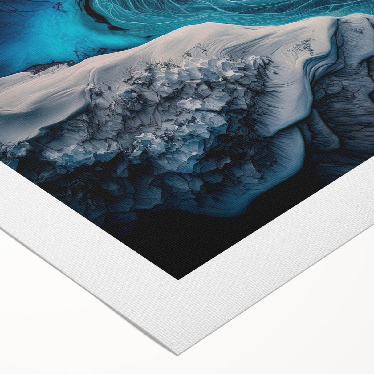 Art deco poster featuring a serene Icelandic landscape in muted blue and green tones on rolled canvas.