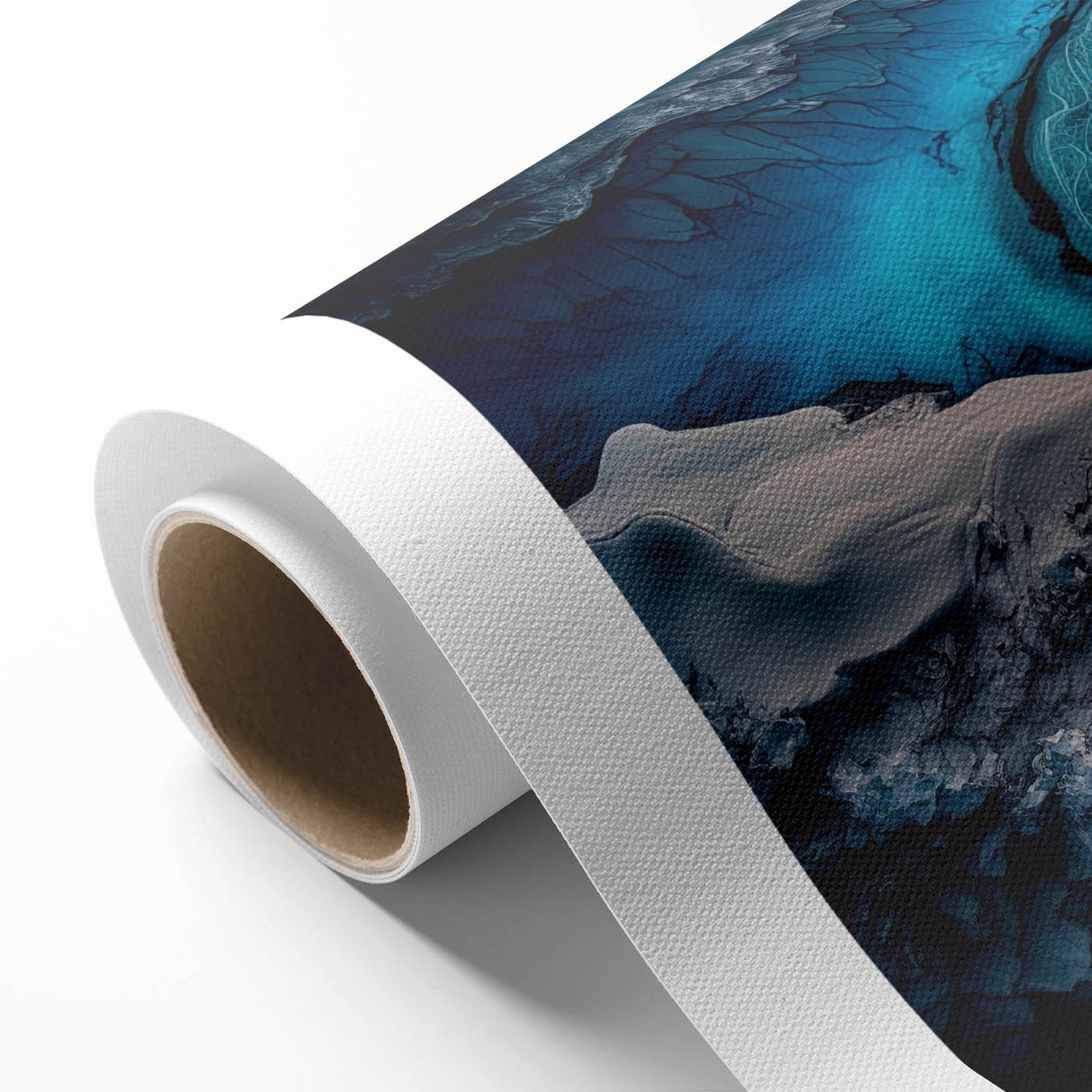 Art deco poster of a serene Icelandic landscape in cool blue and green tones on rolled canvas, ideal for nursery wall art.