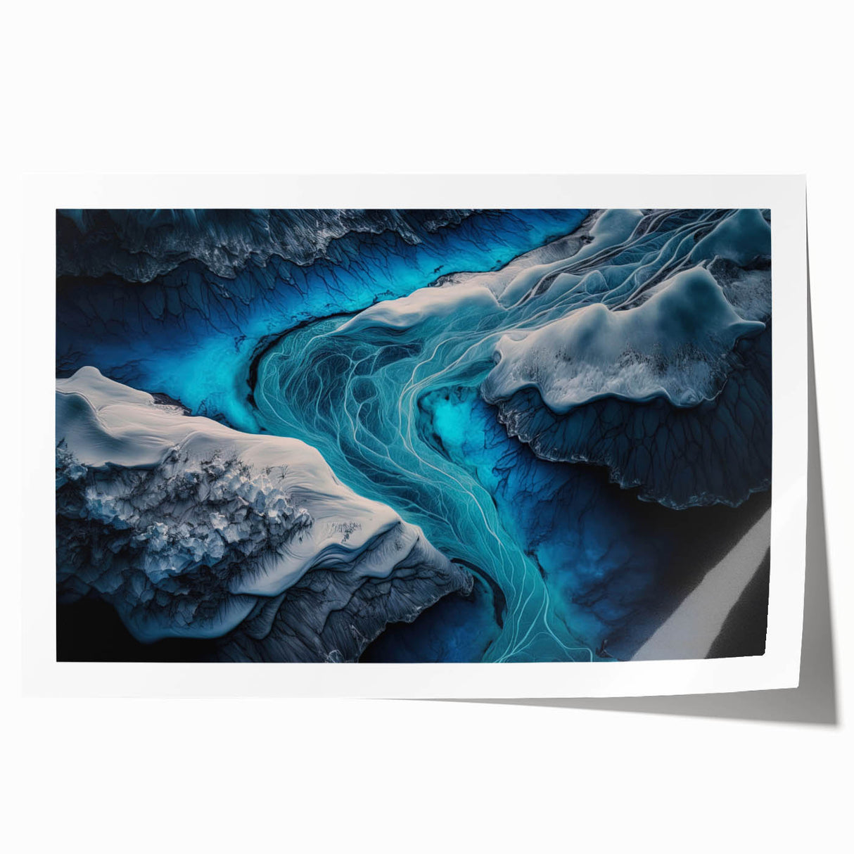 Extra large rolled print of a serene Icelandic landscape, featuring muted green and blue tones.