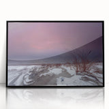Large abstract wall art depicting a European Lithuanian landscape in muted earth tones, framed in black acrylic.