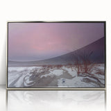 Mid-century modernist art depicting a serene Lithuanian landscape in muted earth tones.