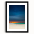 Colorful abstract art print of Yucatan scenery in vibrant hues on a large textured canvas, framed in black.