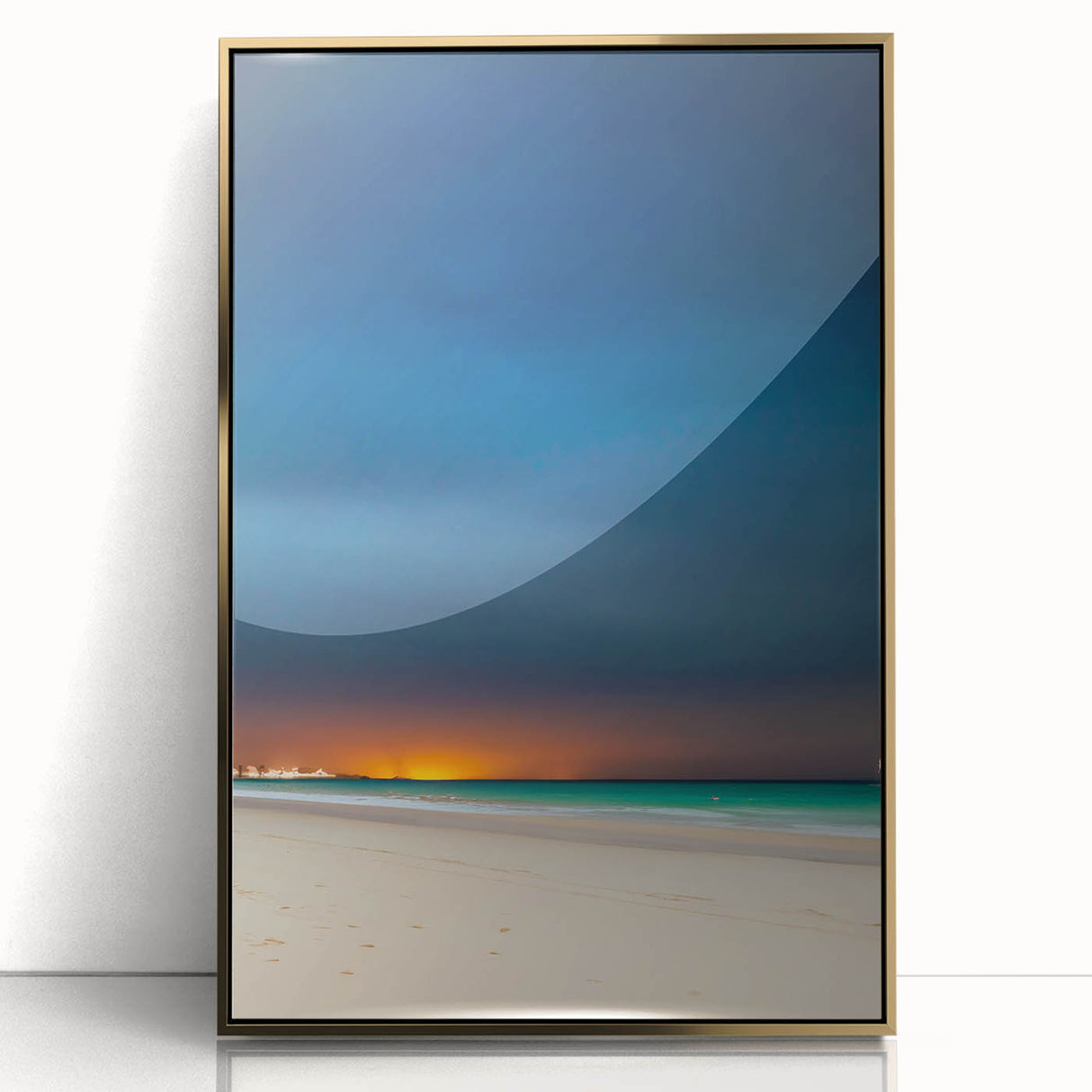 Framed acrylic print of Yucatan scenery in Mexico, featuring mid-century modernist style with gold hues.