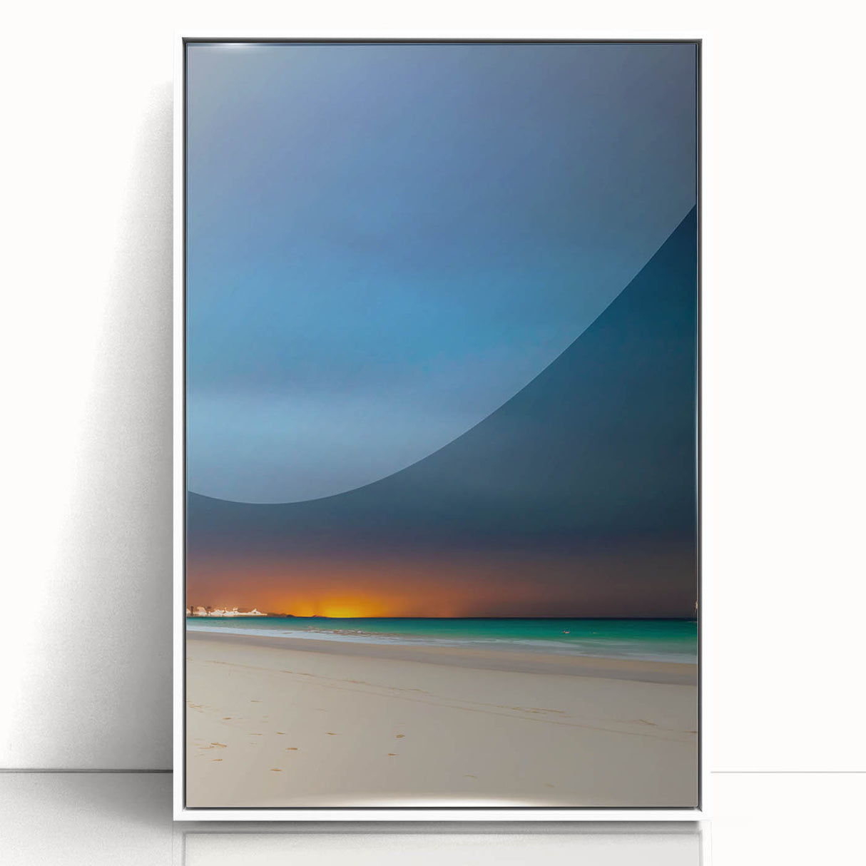 Acrylic print of a Yucatán scenery in art deco style, using pastel shades, framed in white.