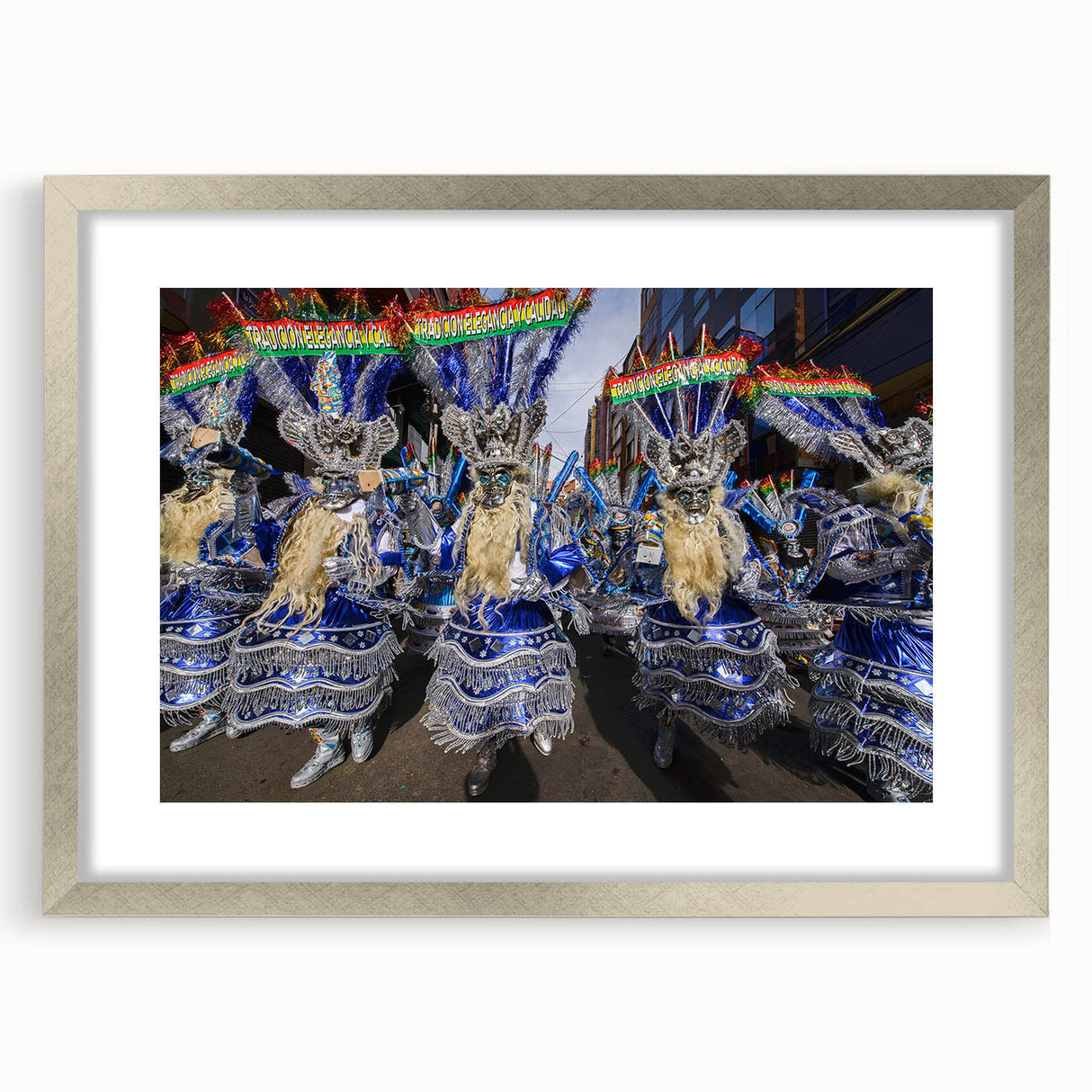 Textured abstract art print of a Bolivian landscape in silver frame, ideal for bedroom decor.