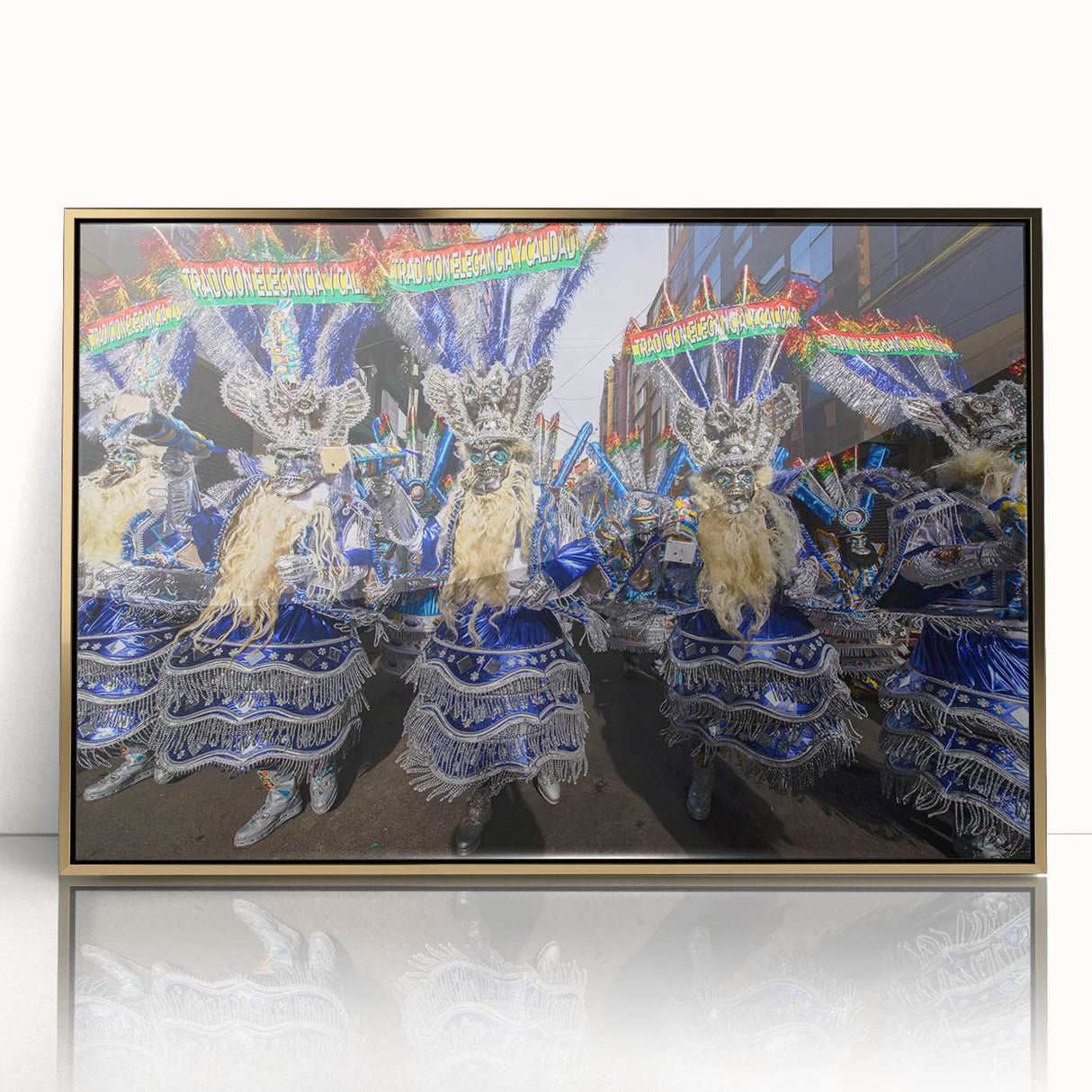 Framed acrylic print of a Bolivian landscape in mid-century modernist style, featuring earth tones.