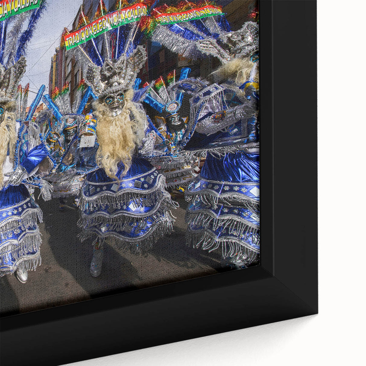 Extra large framed canvas featuring a textured depiction of a Bolivian landscape in black with colorful accents.