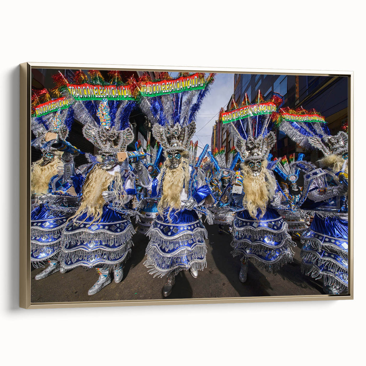 Framed canvas featuring a vintage-style landscape painting of Bolivia's scenery, in muted earth tones.