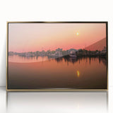 Mid-century modernist style large art print of a Connecticut landscape in gold tones, framed acrylic.