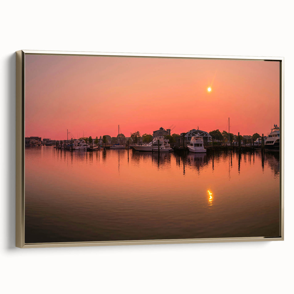 Framed canvas of a Connecticut landscape in muted gold and black tones, ideal for bedroom wall decor.