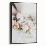 Black and white framed canvas featuring a vintage landscape painting of spring trees, ideal for bedroom decor.