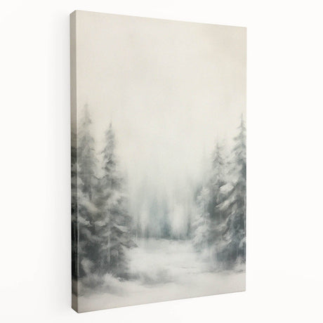 Winter scene with snow-covered trees on large stretched canvas, using a palette of white and blue.