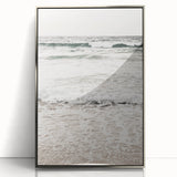 Mid-century modernist art deco poster featuring geometric shapes in pastel colors, framed in silver acrylic.