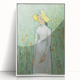 Mid-century modernist art depicting a starry night in vibrant blue and yellow hues, acrylic print in white frame.