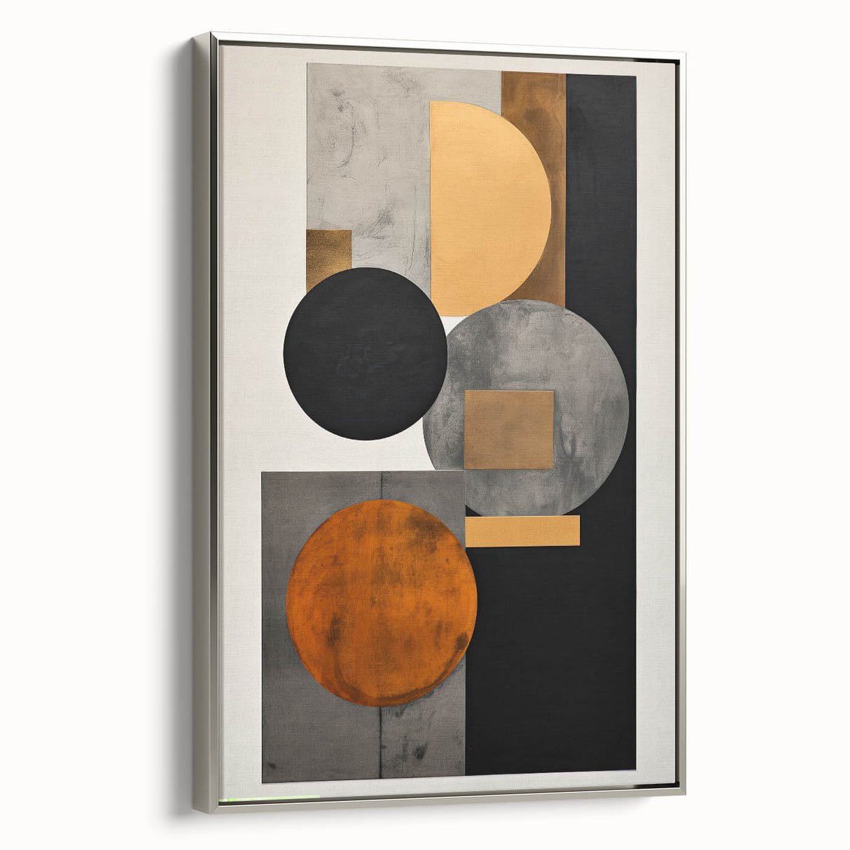 Framed abstract minimalist wall art featuring a silver tone, elegantly displayed in a modern setting, perfect for contemporary home decor.
