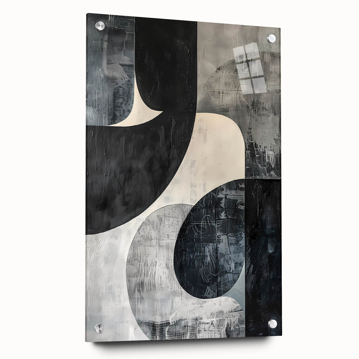 Abstract minimalist wall art displayed in acrylic glass, showcasing a modern design with a sleek side view and decorative pins, perfect for contemporary decor.