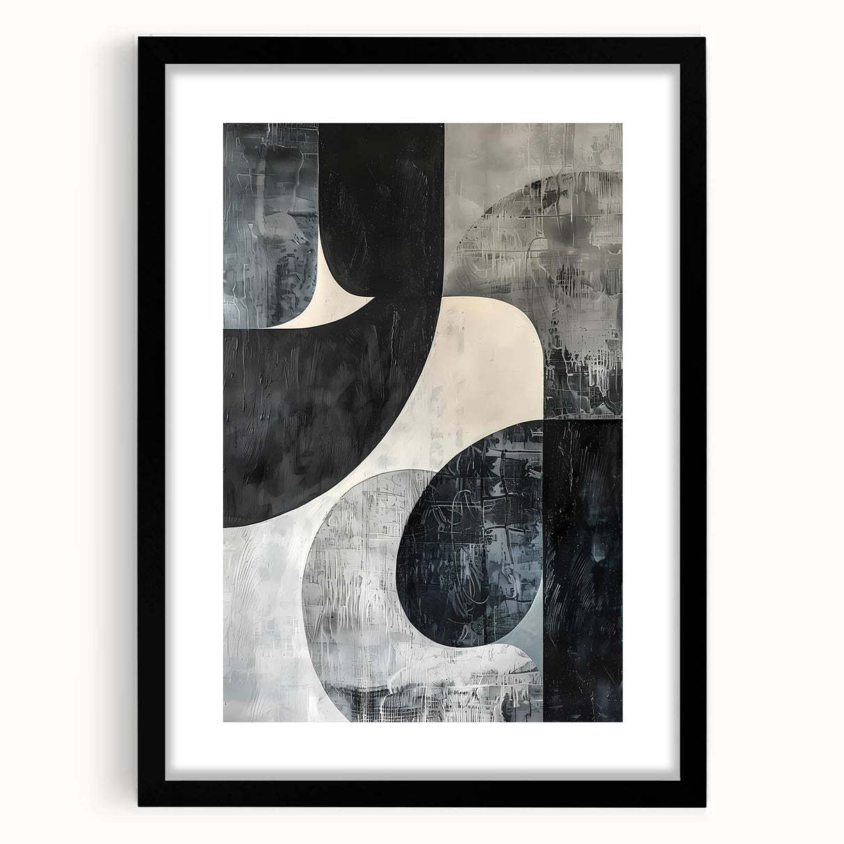 Minimalist abstract wall art framed in black with a white mat, showcasing geometric shapes and muted colors, perfect for modern home decor.