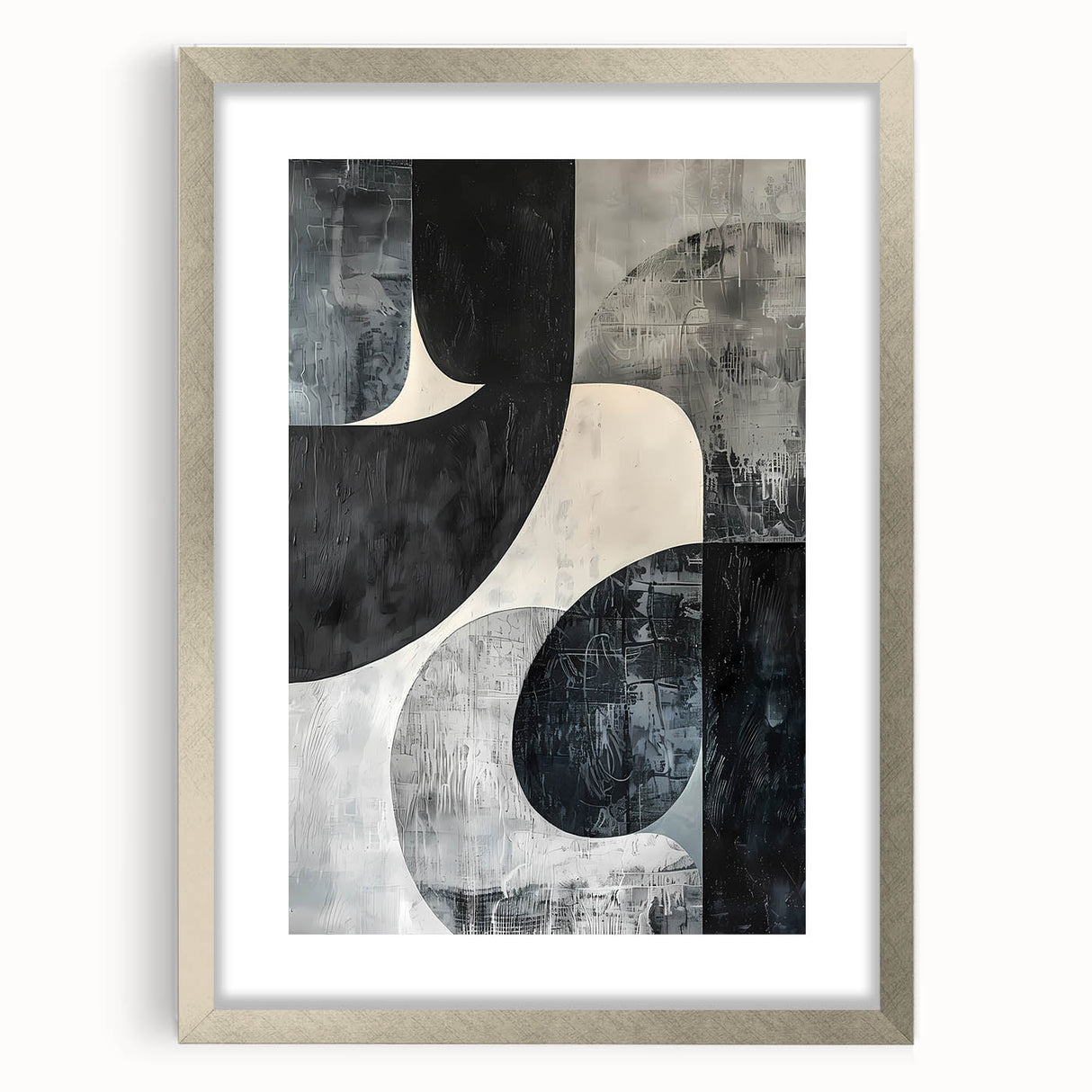 Abstract minimalist wall art framed in silver, showcasing geometric shapes and soft colors, perfect for modern home decor. Ideal for adding elegance to any space.