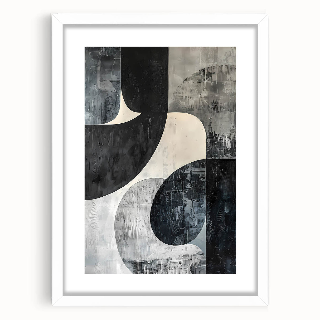 Abstract minimalist wall art framed in white with a mat, showcasing geometric shapes and soft color palette, perfect for modern home decor.