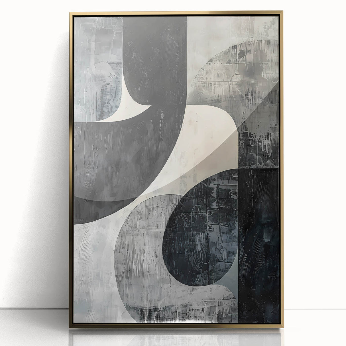 Framed abstract minimalist wall art featuring elegant gold accents set against a sleek acrylic background, perfect for modern home decor.