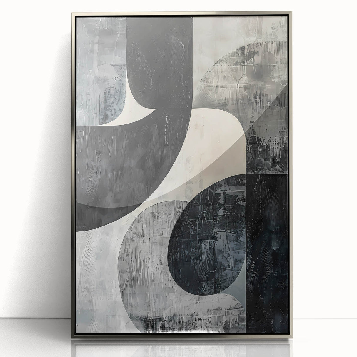 Framed minimalist wall art featuring an abstract design in silver tones, showcasing a sleek acrylic front view, perfect for modern home decor.