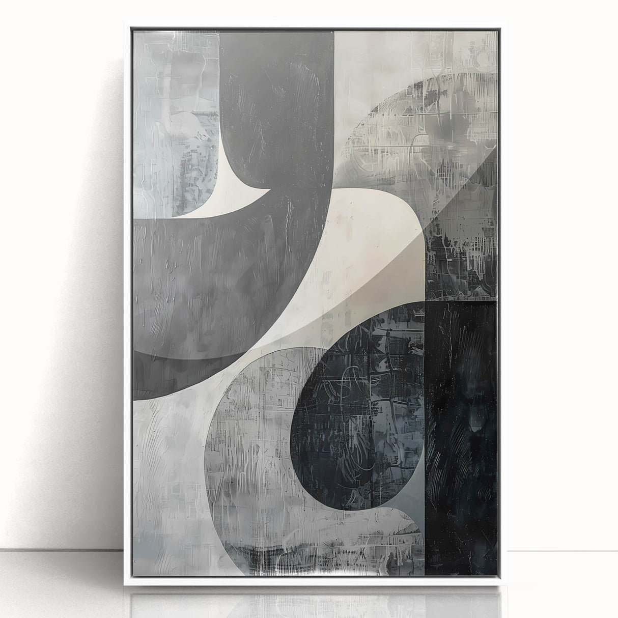 Framed abstract minimalist wall art in acrylic with a white front view, showcasing soft geometric shapes and muted colors, perfect for modern home decor.