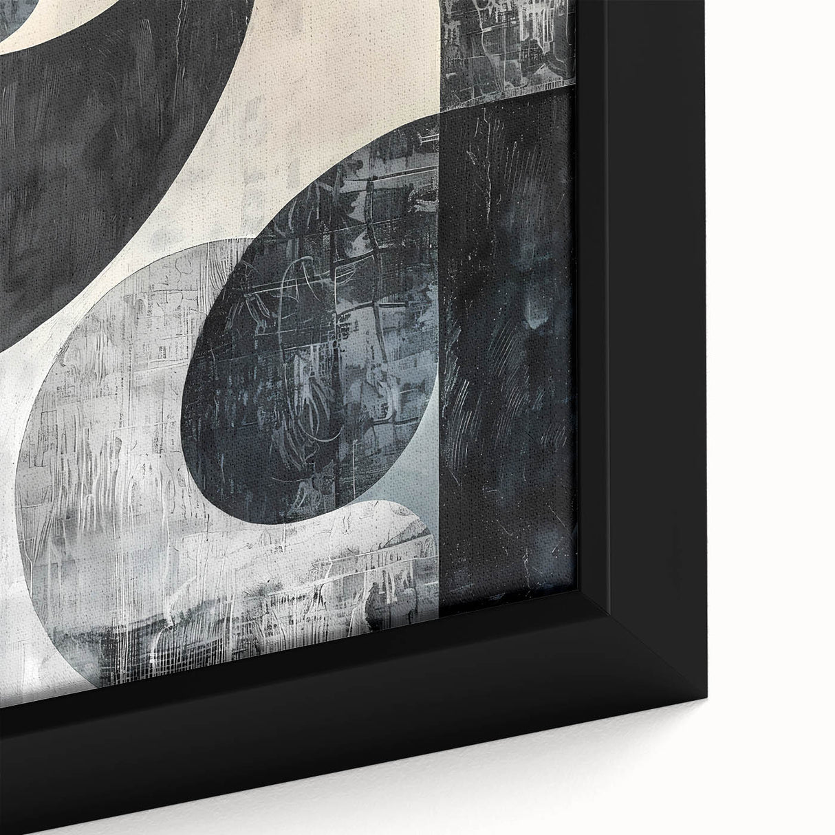Close-up of a framed minimalist abstract wall art piece showcasing bold colors and geometric shapes, ideal for modern home decor. The intricate details highlight the texture and craftsmanship, enhancing any interior space with a contemporary flair.