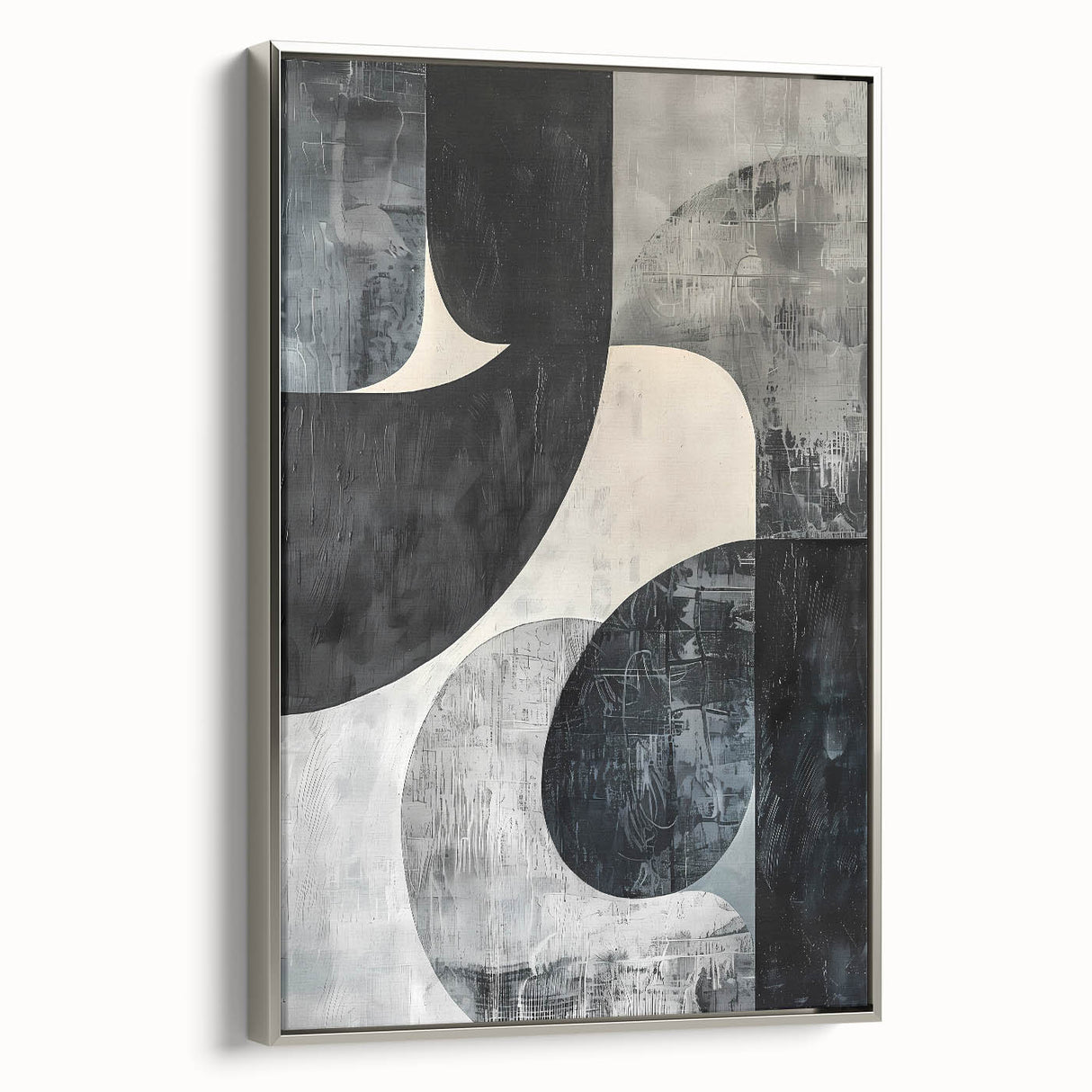 Framed abstract minimalist wall art featuring a silver color scheme, highlighting geometric shapes on canvas, showcased from a side view to emphasize depth and texture, perfect for modern home decor.
