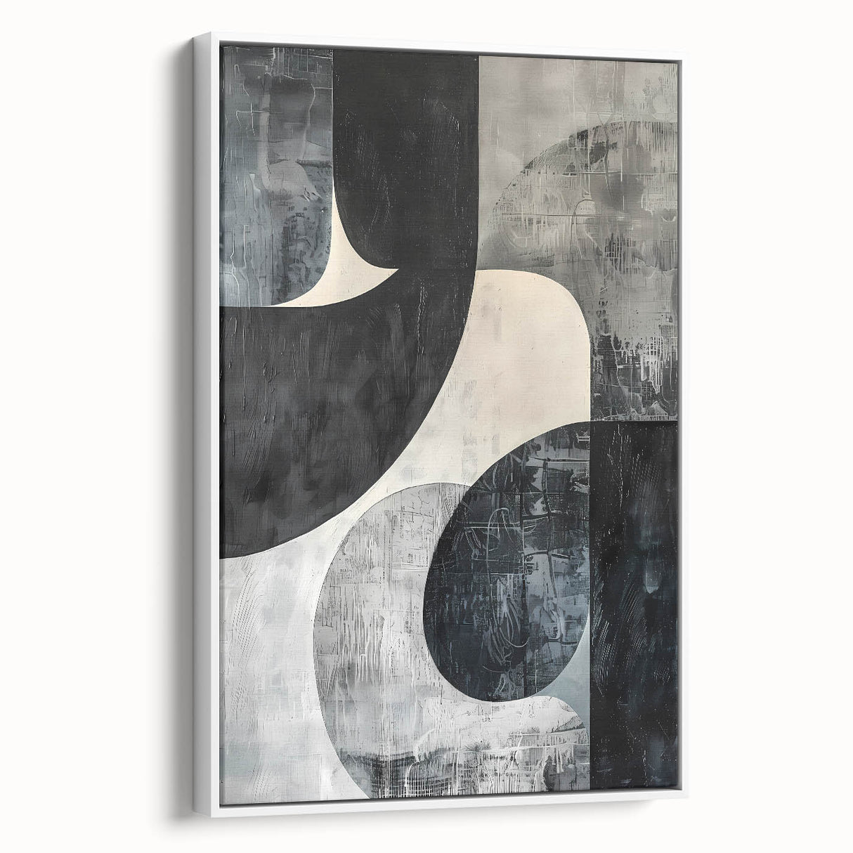 Framed abstract minimalist wall art featuring soft white tones and geometric shapes, displayed from a side angle, ideal for modern home decor.