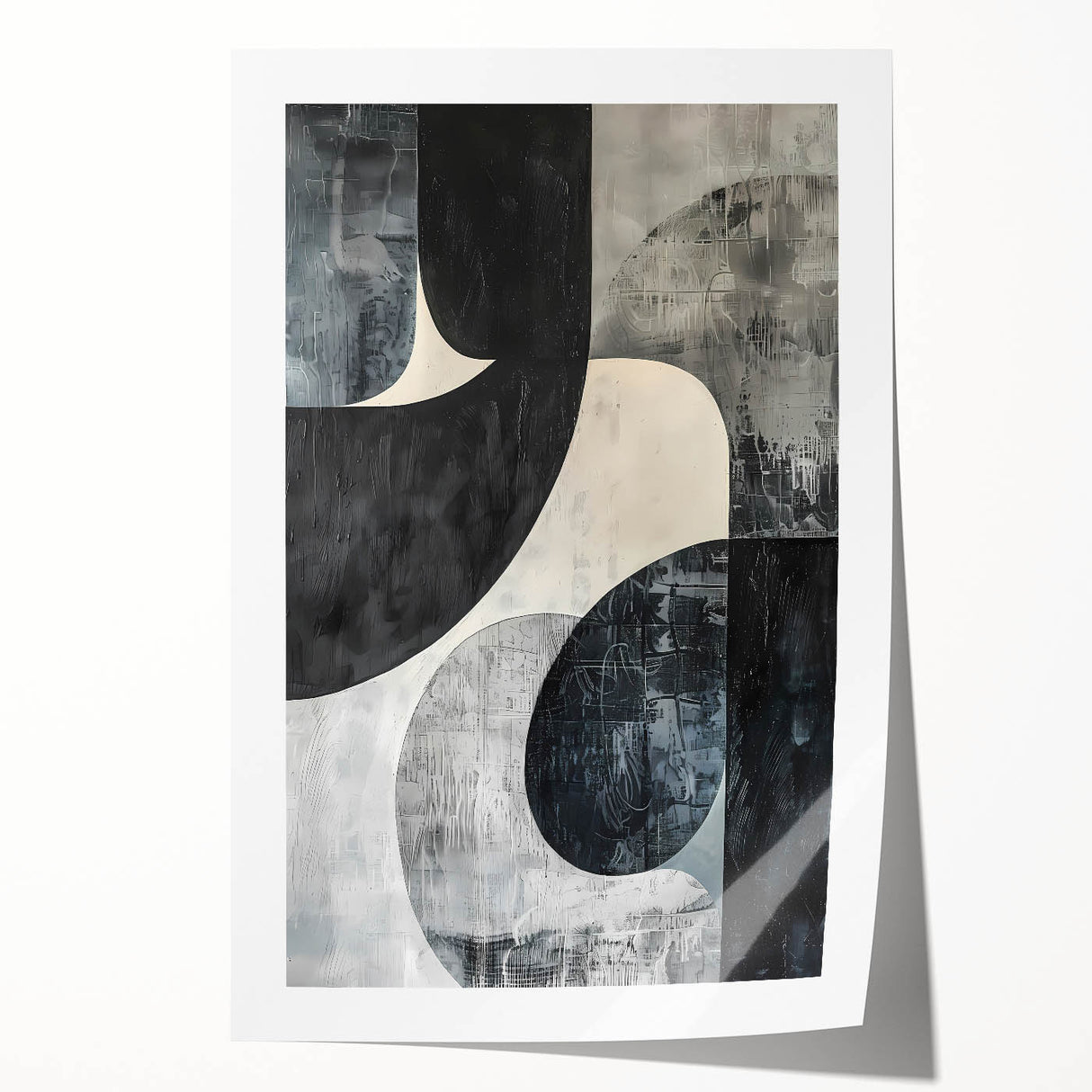 Abstract minimalist wall art print featuring soft pastel colors and geometric shapes, elegantly rolled and ready for display, ideal for modern home decor.