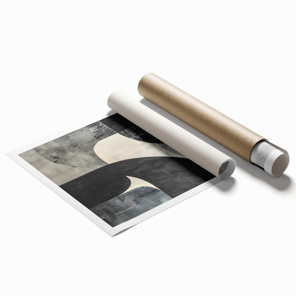 Abstract minimalist wall art print showcasing soft pastel colors and geometric shapes, rolled and ready for display, emphasizing modern interior decor aesthetics.