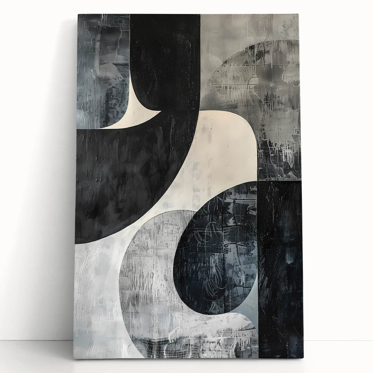 Abstract minimalist wall art on stretched canvas, featuring soft earth tones and geometric shapes, leaning against a neutral wall, ideal for modern decor.