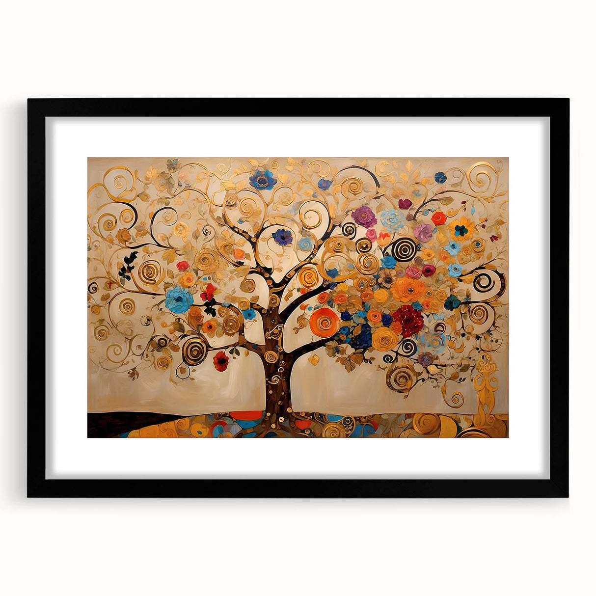 Golden Tree of Life Wall Art – Abstract Floral Canvas for Living Room