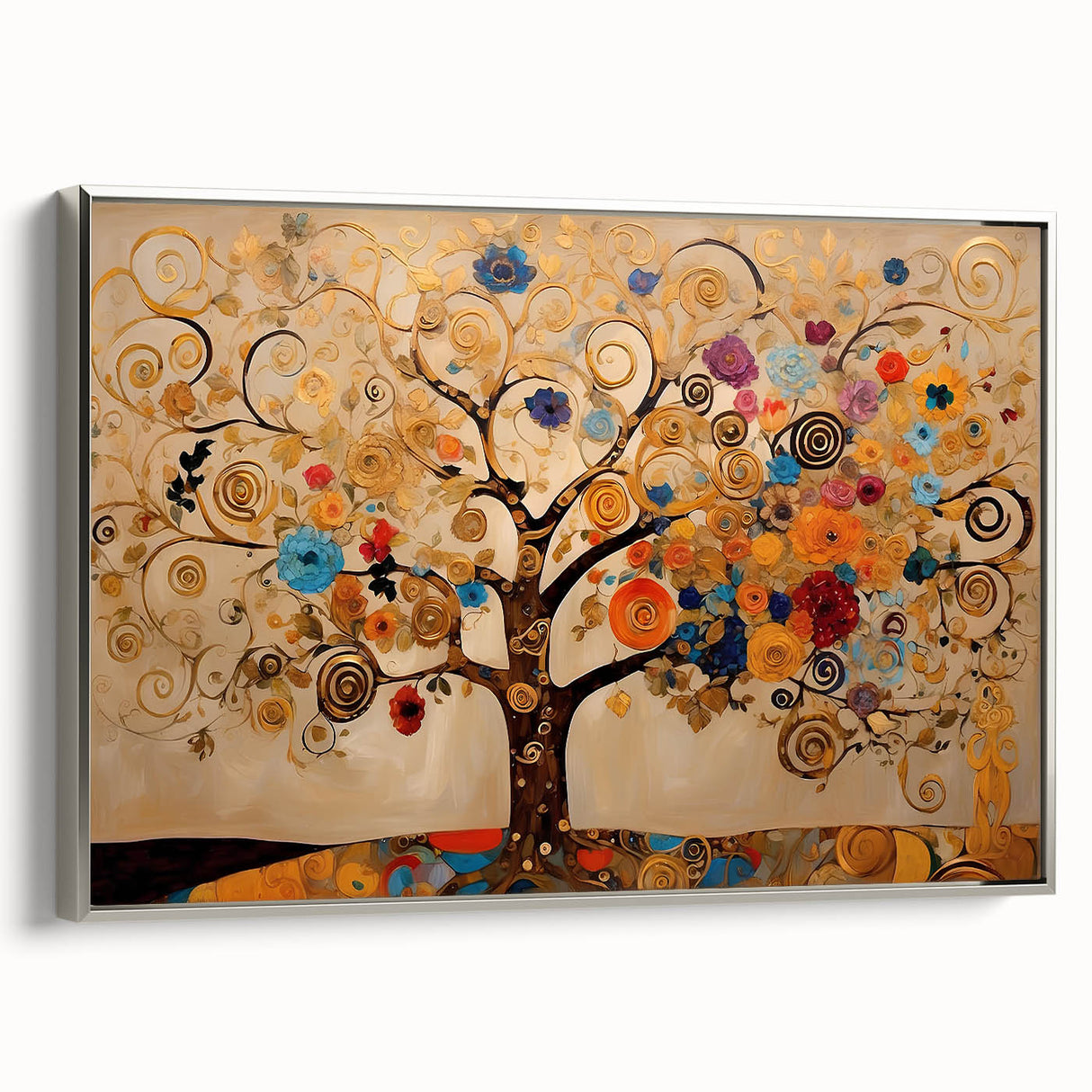Golden Tree of Life Wall Art – Abstract Floral Canvas for Living Room