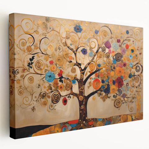 Golden Tree of Life Wall Art – Abstract Floral Canvas for Living Room