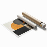 Abstract minimalist wall art print featuring geometric shapes in soft pastel colors, elegantly rolled and packaged for shipping in a protective cardboard tube.