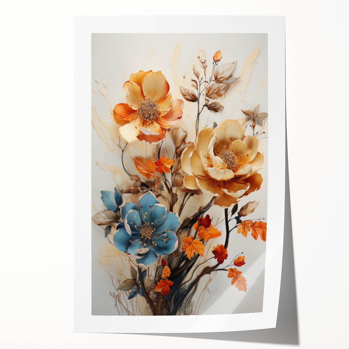 Elegant Floral Wall Art – Blue and Orange Modern Canvas Print