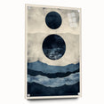 Abstract minimalist wall art displayed on acrylic glass, showcasing a sleek design with a side view and decorative pins, perfect for modern decor.