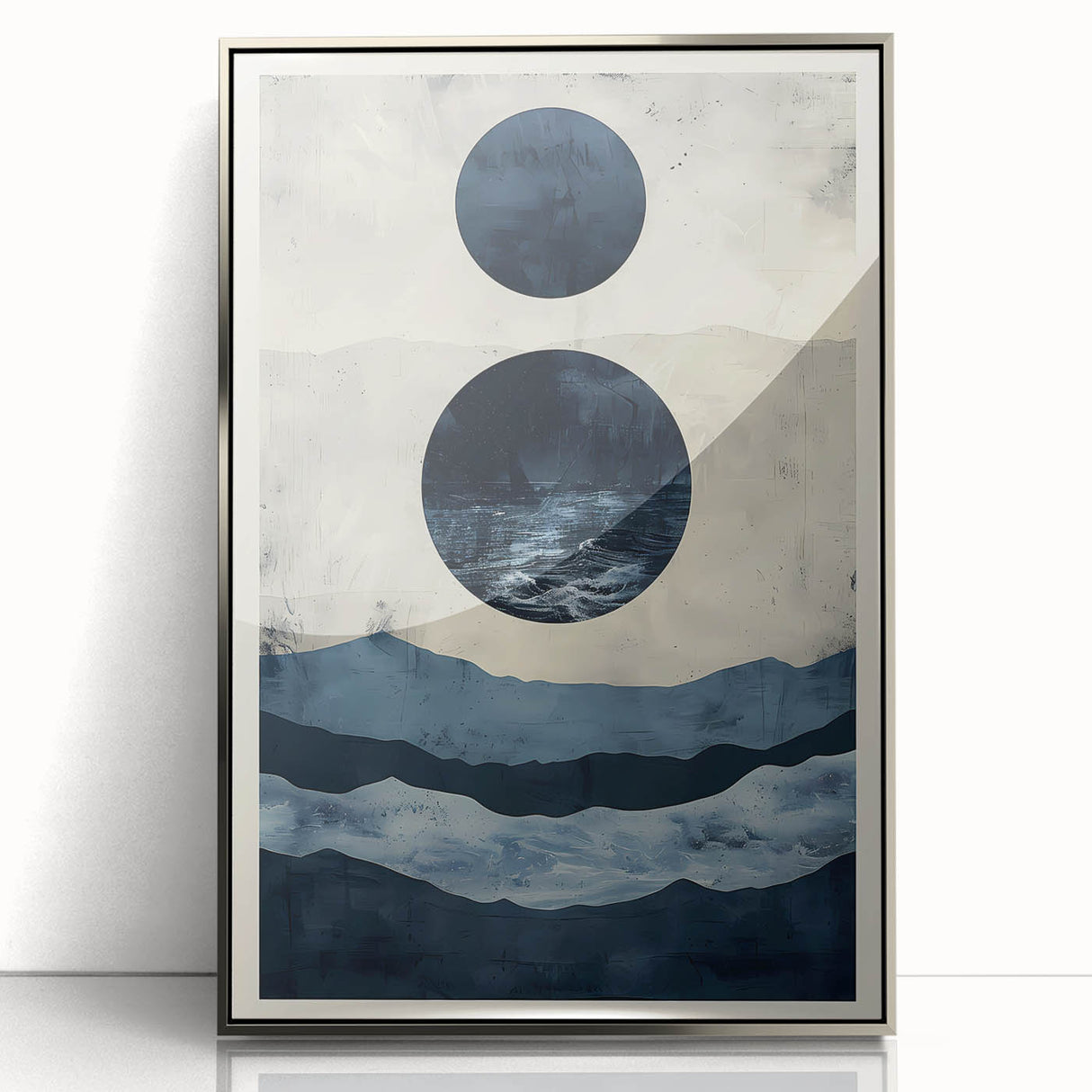 Framed abstract minimalist wall art featuring a silver acrylic finish, showcasing geometric shapes and soft tones, perfect for modern decor. The artwork adds a stylish touch to any interior space, emphasizing contemporary aesthetics.