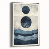 Framed abstract minimalist wall art featuring a sleek silver finish and geometric design, ideal for modern decor. Showcases a side view highlighting its elegant style and versatility in home or office settings.