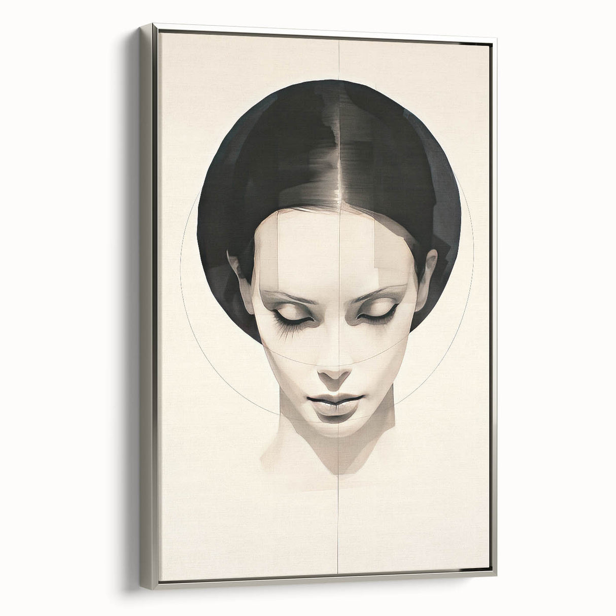 Framed abstract minimalist wall art in silver, showcasing geometric shapes and soft color transitions, perfect for modern decor in living spaces.