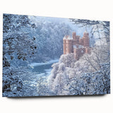 Side view of an acrylic glass landscape artwork depicting a majestic castle surrounded by lush greenery, showcasing vibrant colors and intricate details. Ideal for enhancing home decor with a touch of elegance and charm.