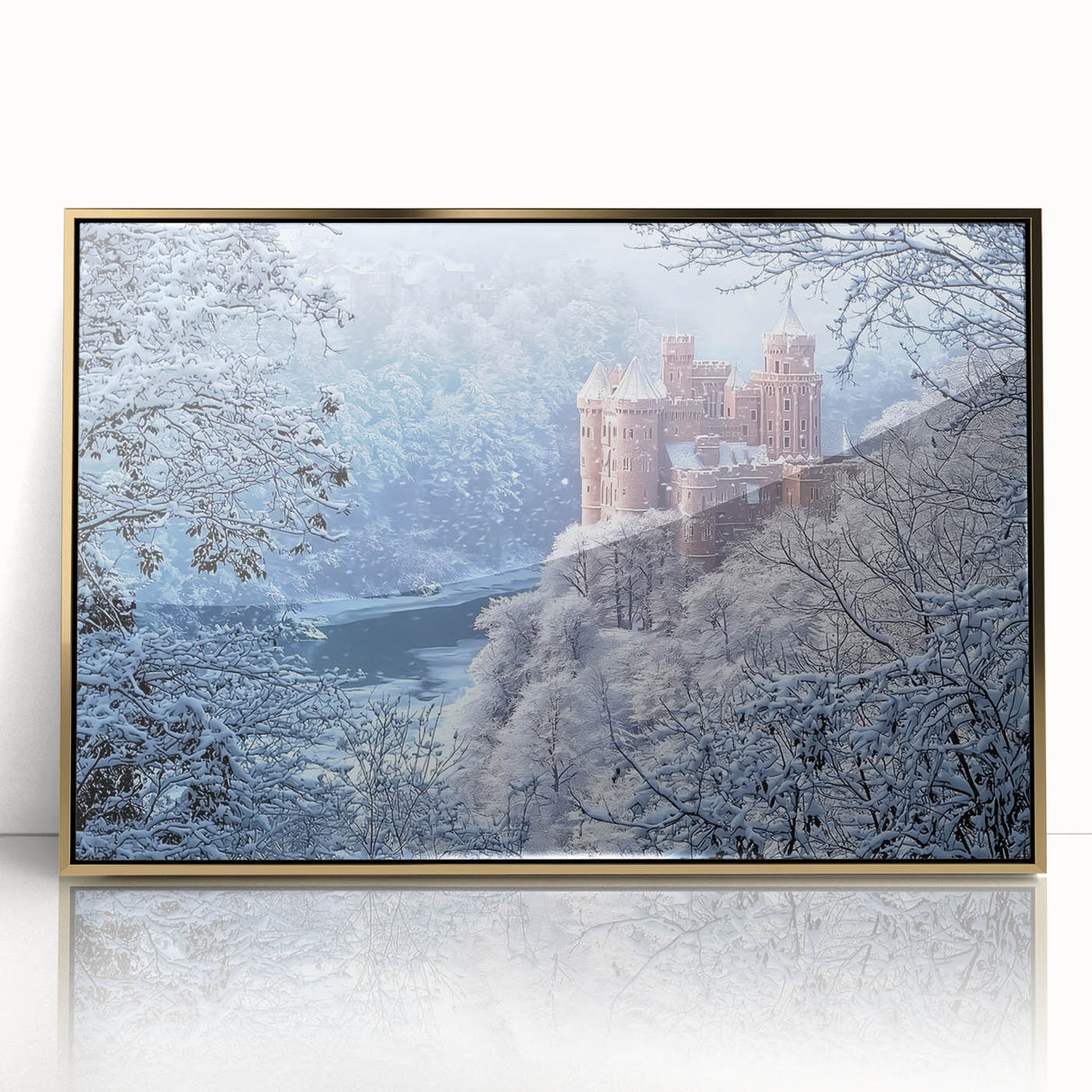 Framed acrylic artwork showcasing a vibrant landscape of a castle, highlighted by an elegant gold frame, ideal for enhancing home decor with a touch of sophistication.