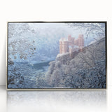 Framed acrylic artwork showcasing a picturesque landscape with a medieval castle, presented in a sleek silver frame, perfect for home decor enhancement.