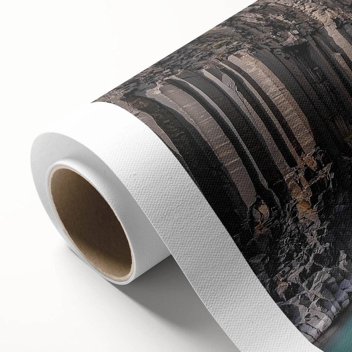 Rolled canvas artwork depicting a stunning landscape of rugged cliffs and serene ocean waves, showcasing vibrant colors and intricate textures, ideal for home decor.